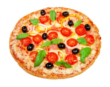 güzel taze pizza jambon ve kiraz domates üzerinde beyaz bir ba