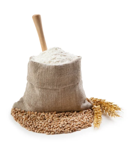 Flour in bag with wheat ears — Stock Photo, Image