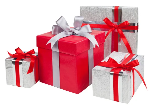 Срібні та червоні подарункові коробки — стокове фото