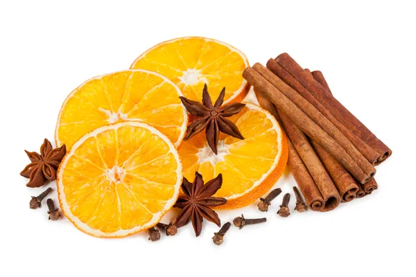 Isolated dried orange slices and cinnamon — Stock Photo, Image