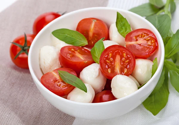 Caprese salát s mozzarellou, rajčaty, bazalka na bílém talíři — Stock fotografie