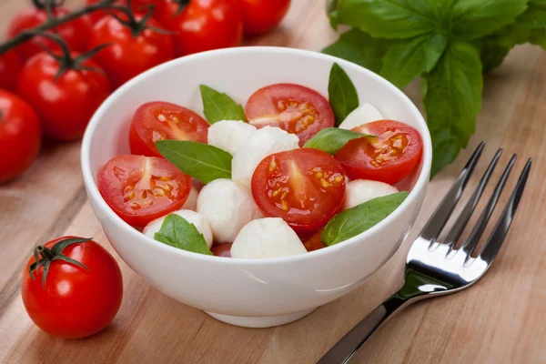 Caprese-Salat mit Mozzarella, Tomate, Basilikum auf weißem Teller — Stockfoto