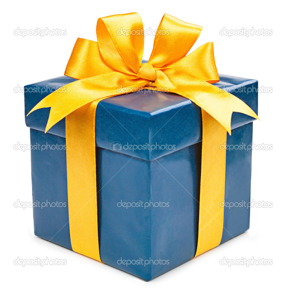 Turquoise box with a gift and a yellow bow