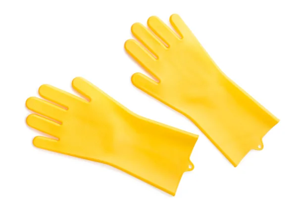 Gele rubberen handschoenen voor reiniging, geïsoleerd op witte ondergrond — Stockfoto