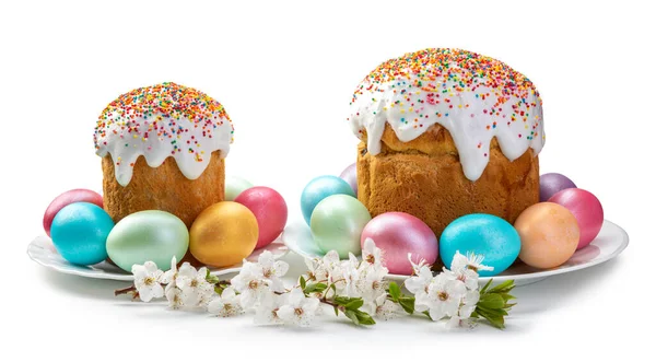 Easter cake, egg and cherry blossom isolated on white background. — Stock Photo, Image