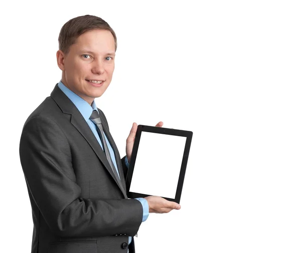 Przystojny uśmiechnięty mężczyzna z komputera typu tablet — Zdjęcie stockowe