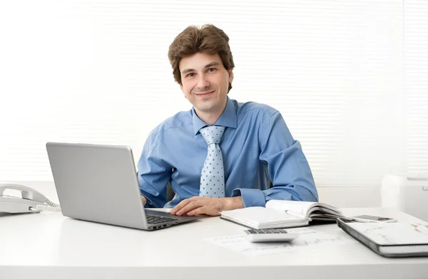 Business man smiling while working in his office Royalty Free Stock Photos
