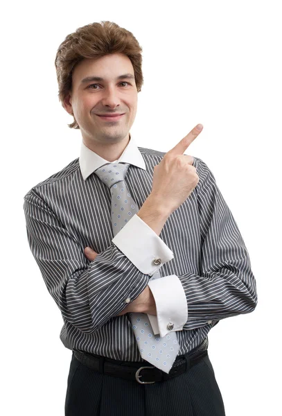 Caucasiano homem de negócios apontando para cima dedo — Fotografia de Stock