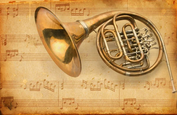 French horn. grunge musical background — Stock Photo, Image