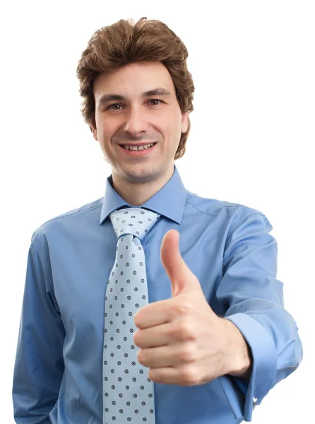 Empresário feliz com polegares para cima gesto, isolado em branco — Fotografia de Stock