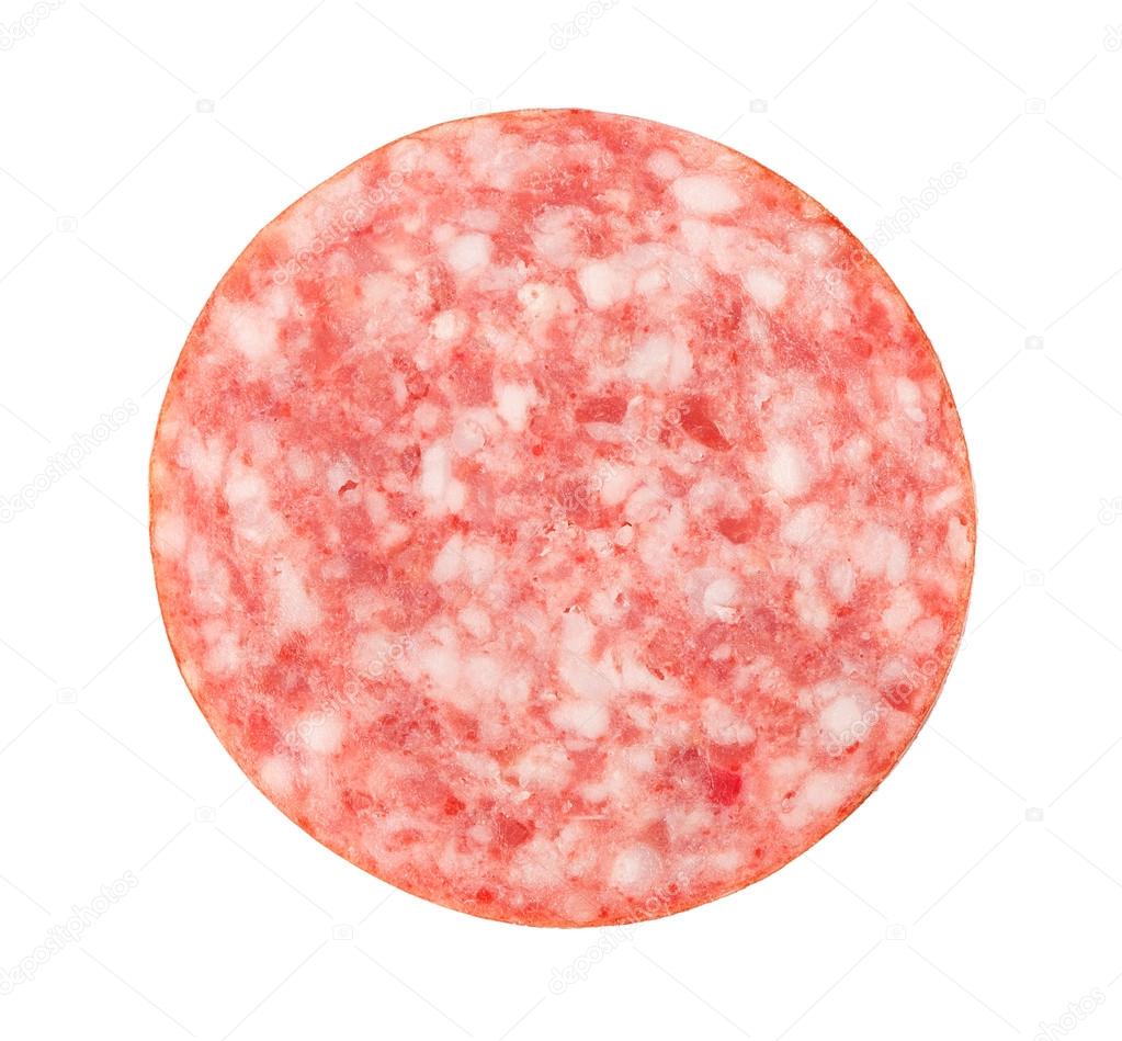 Plakje salami op witte achtergrond — Stockfoto © spaxiax 21047613