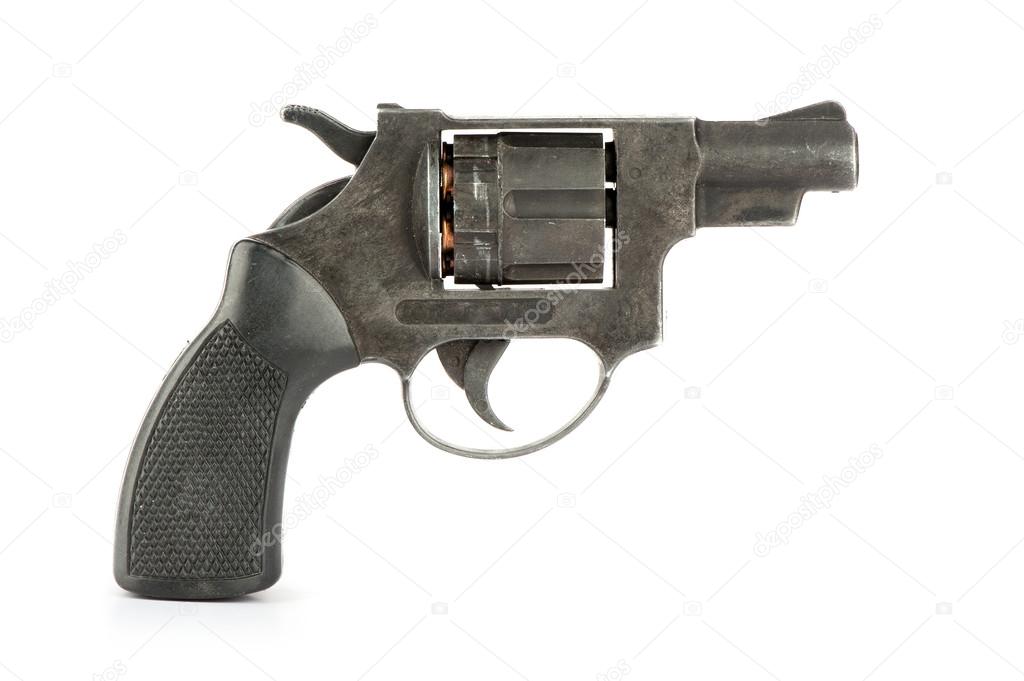 Black revolver gun isolated on white background