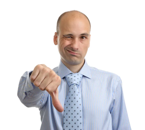 Zklamaný obchodní muž ukazuje palec dolů znamení, izolovaných na w — Stock fotografie
