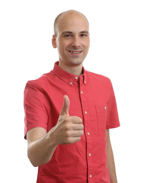 Šťastný muž dává palec nahoru znamení. izolované na bílém pozadí — Stock fotografie