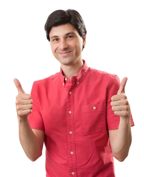 Homem feliz casual com polegares para cima sinal isolado no backgroun branco — Fotografia de Stock