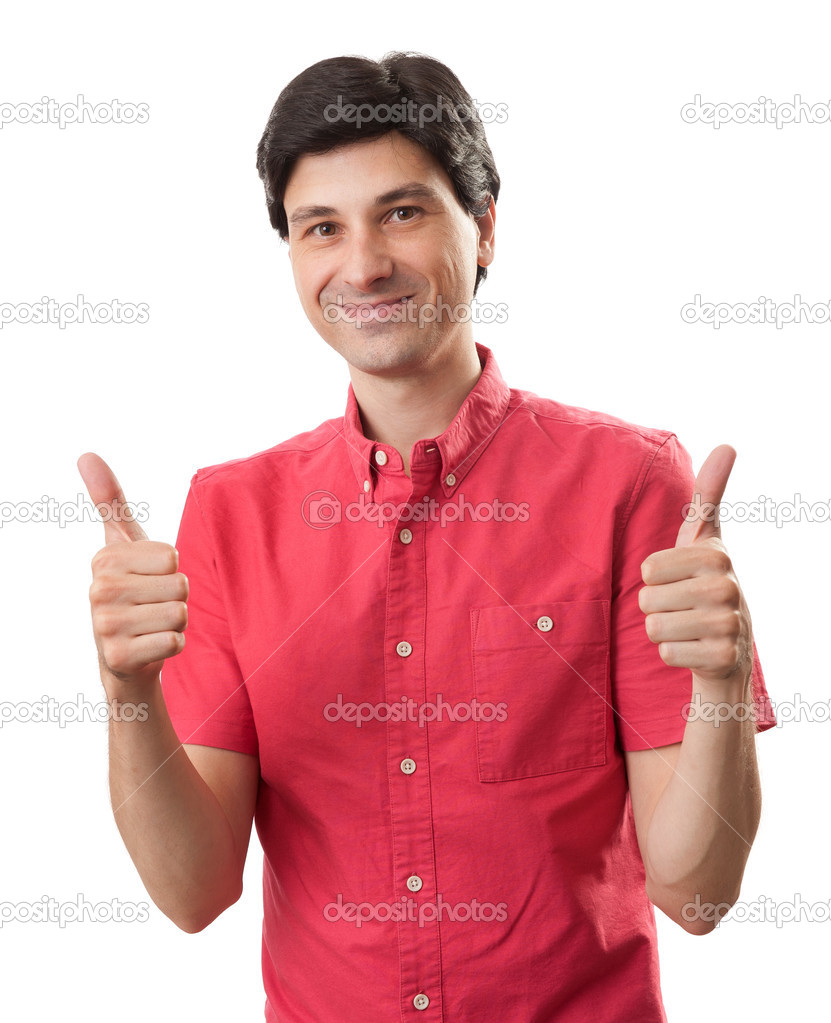 casual happy man with thumbs up sign isolated on white backgroun