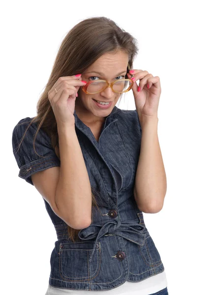 Mädchen tragen Nerd-Brille isoliert auf Weiß — Stockfoto