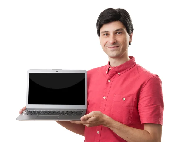 Homem segurando laptop sobre fundo branco — Fotografia de Stock