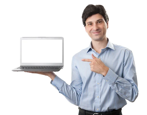 Empresário sorridente com computador portátil — Fotografia de Stock