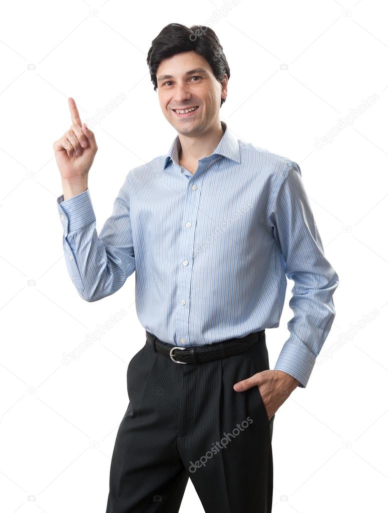 business man pointing up finger