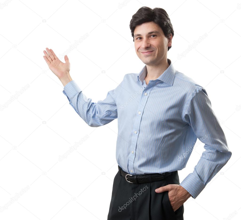 smiling man presenting and showing something on white background