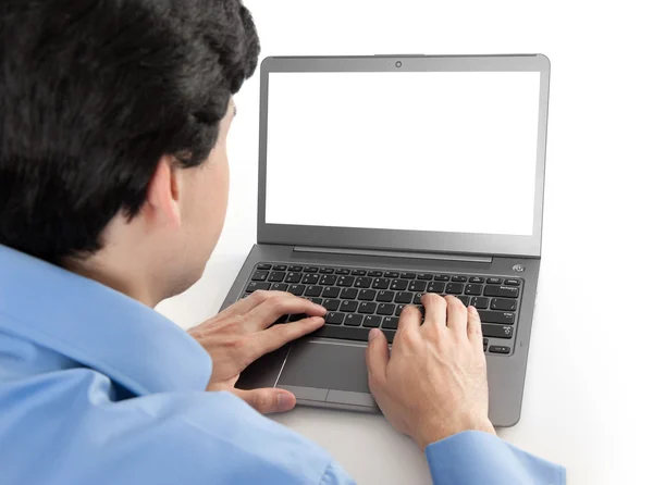 Businessman working on his laptop with blank screen — Stock Photo, Image