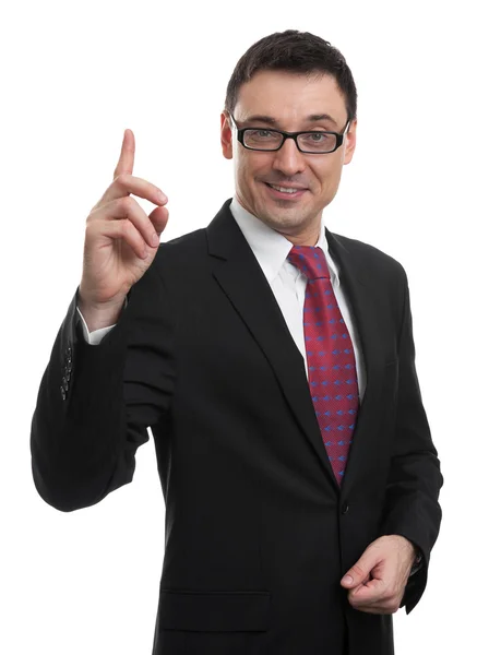 Geschäftsmann zeigt erhobenen Zeigefinger — Stockfoto