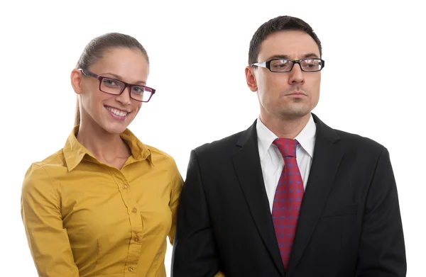 Happy woman and serious businessman — Stock Photo, Image