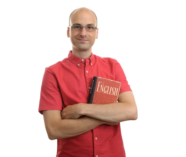 Vriendelijke student man met Engels boek. onderwijs concept — Stockfoto