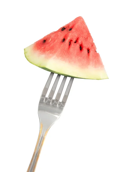 Slice of red watermelon on a fork — Stock Photo, Image
