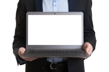 dizüstü bilgisayar boş bir ekran ile gösterilen işadamı