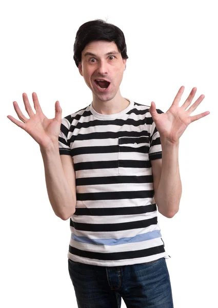 Surprised man with raised hands — Stock Photo, Image