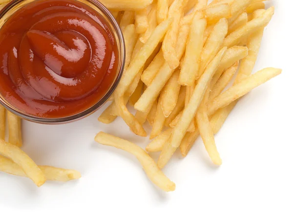 Batatas fritas com ketchup em branco — Fotografia de Stock