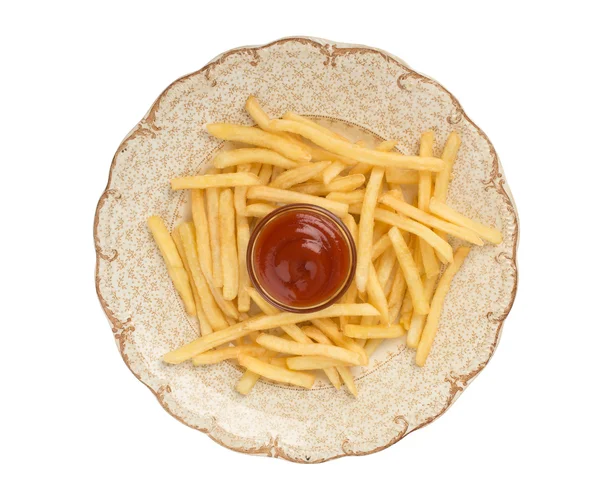 French fries with ketchup on white — Stock Photo, Image