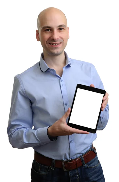 Szczęśliwy człowiek z komputera typu tablet — Zdjęcie stockowe