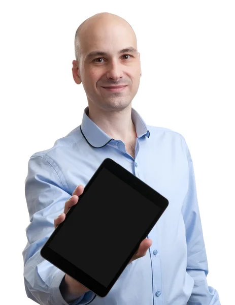 Glücklicher Mann mit Tablet-Computer — Stockfoto