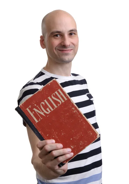 Educación inglesa. Hombre feliz con libro de texto — Foto de Stock