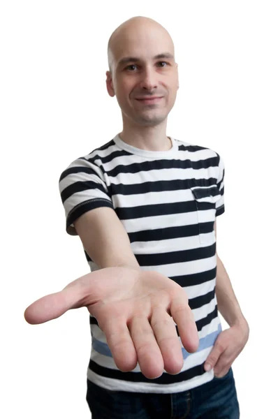 Man holds out his hand with the palm facing upwards — Stock Photo, Image