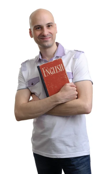 Angličtina vzdělání. šťastný příležitostné muž s knihou — Stock fotografie