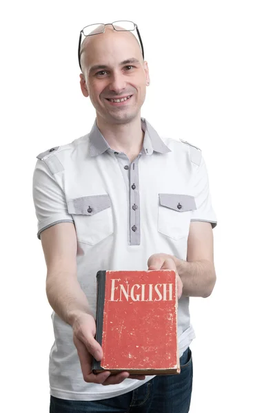 İngilizce eğitim. kitap ile mutlu casual adam — Stok fotoğraf