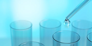 Laboratuvarda test tüpleri ve mataralar. Biyoteknoloji geçmişi. 3d illüstrasyon