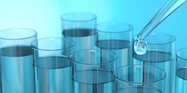 Laboratuvarda test tüpleri ve mataralar. Biyoteknoloji geçmişi. 3d illüstrasyon