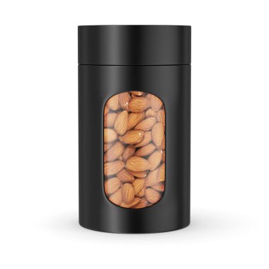 Food jar with almonds isolated on white background