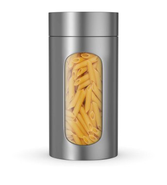 Food jar with uncooked penne pasta isolated on white background