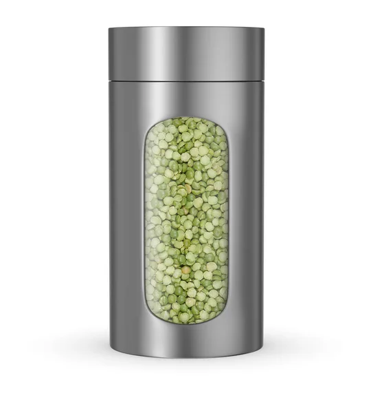 Food Jar Dry Green Peas Isolated White Background — Zdjęcie stockowe