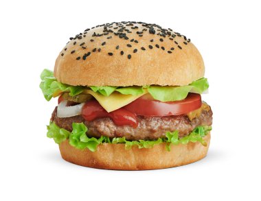 Beyaz arka planda izole edilmiş lezzetli et yerine burger.