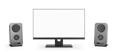 Beyaz arkaplanda izole edilmiş ses hoparlörlü bilgisayar monitörü. 3d illüstrasyon