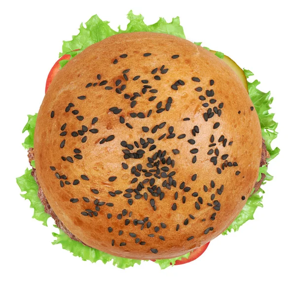 Smakelijke Burger Geïsoleerd Witte Achtergrond Bovenaanzicht — Stockfoto