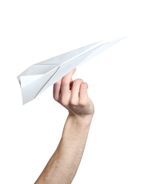 흰색 배경에 고립 된 흰 종이 비행기를 발사 하는 사람의 손. — 스톡 사진