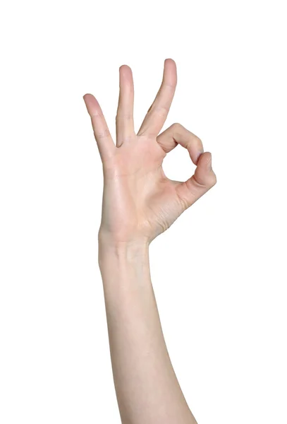Hand close-up shows a gesture ok is isolated on a white backgrou — Stock Photo, Image